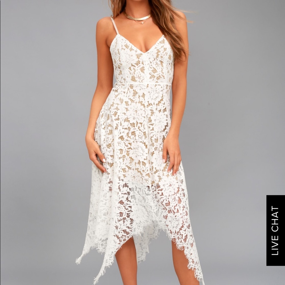Lulus One Wish White lace midi dress